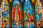 Stained glass Jesus preaching disciples, Sea of Galilee, St. Saviours Church, Dartmouth, England. Art Print